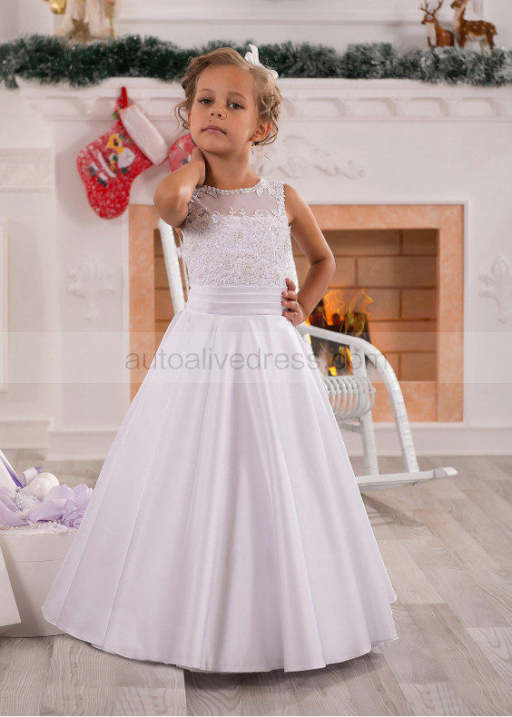 White Lace Satin Beaded Flower Girl Dress With Folded Sash